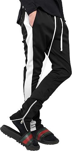 Mens Stripe Track Pants Skinny Fit Stretch Trouser Elastic